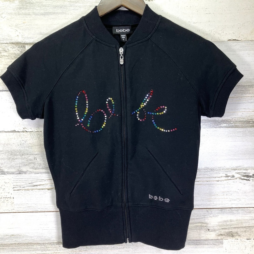 bebe Womens Black Rainbow Studded Logo Full Zip Short Slv Sweatshirt Size S